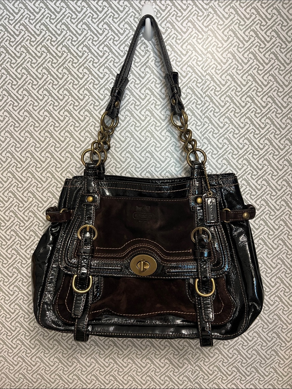 Coach Legacy Garcia Turnlock Satchel / Tote — Style 12710 Brown patent and suede